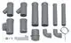 Graue PVC-Rohre und -Fittings, die für Sanitärinstallationen geeignet sind, einschließlich gerader Rohre, Bögen und Verbindungselemente. Vaillant Produkte zur Rohrverbindung.